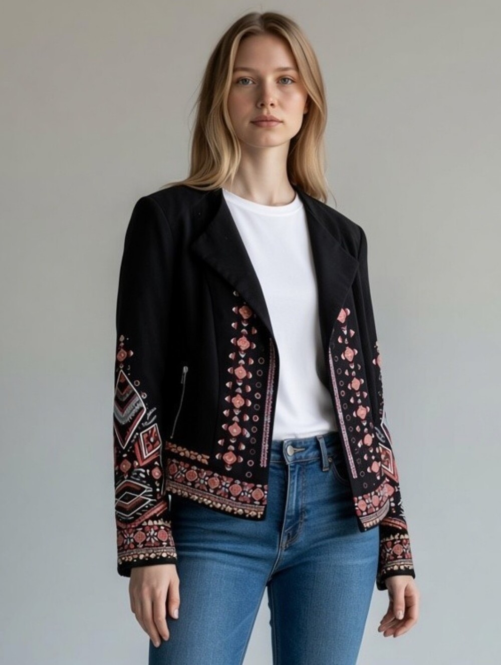 INC International Concepts Cotton Black Embroidered Blazer